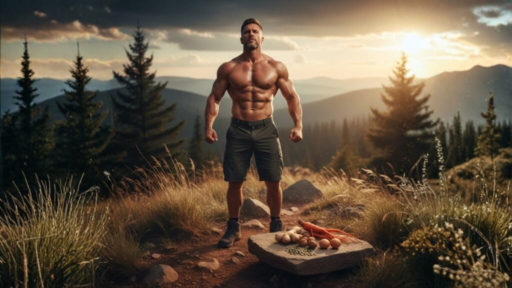 Muscular man with natural supplements in a mountain landscape - Virility Mastery